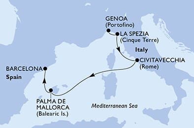 5 nights Mediterranean cruise on MSC World Europa 
from 🇮🇹 Genova to 🇪🇸 Barcelona 