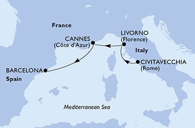 3 nights Mediterranean cruise on MSC Fantasia 
from 🇮🇹 Civitavecchia to 🇪🇸 Barcelona 