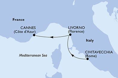 2 nights Mediterranean cruise on MSC Fantasia 
from 🇮🇹 Civitavecchia to 🇫🇷 Cannes 