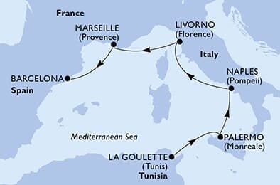 5 nights Mediterranean cruise on MSC Meraviglia 
from 🇹🇳 La Goulette to 🇪🇸 Barcelona 
