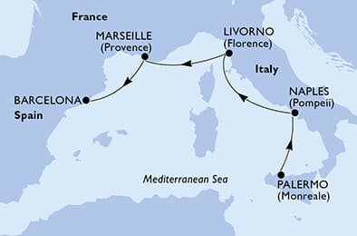 4 nights Mediterranean cruise on MSC Meraviglia 
from 🇮🇹 Palermo to 🇪🇸 Barcelona 