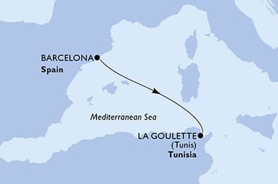 2 nights Mediterranean cruise on MSC Meraviglia 
from 🇪🇸 Barcelona to 🇹🇳 La Goulette 