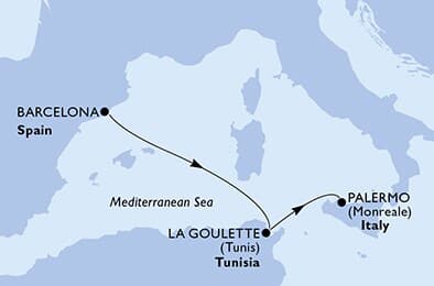 3 nights Mediterranean cruise on MSC Meraviglia 
from 🇪🇸 Barcelona to 🇮🇹 Palermo 
