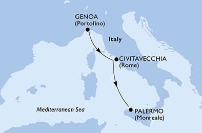 2 nights Mediterranean cruise on MSC Musica 
from 🇮🇹 Genova to 🇮🇹 Palermo 