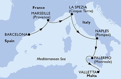 5 nights Mediterranean cruise on MSC Seaview 
from 🇪🇸 Barcelona to 🇲🇹 Valletta 