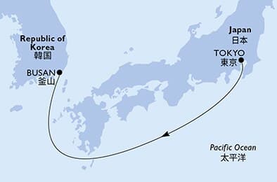 2 nights cruise on MSC Bellissima 
from 🇯🇵 Tokyo to 🇰🇷 Busan 