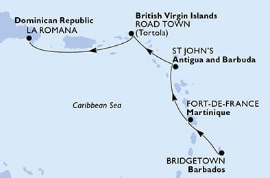 4 nights Caribbean cruise on MSC Opera 
from 🇧🇧 Bridgetown to 🇩🇴 La Romana 