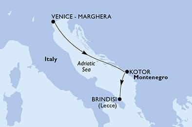 3 nights Mediterranean cruise on MSC Armonia 
from 🇮🇹 Venice to 🇮🇹 Brindisi 