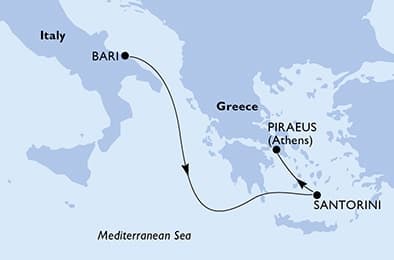 3 nights Mediterranean cruise on MSC Sinfonia 
from 🇮🇹 Bari to 🇬🇷 Piraeus 