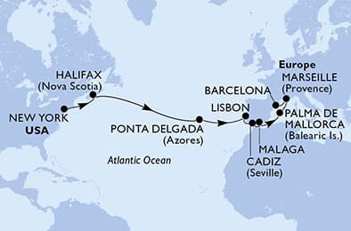 16 nights Transatlantic cruise on MSC Meraviglia 
from 🇺🇸 New York to 🇪🇸 Barcelona 