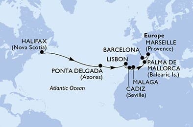14 nights Transatlantic cruise on MSC Meraviglia 
from 🇨🇦 Halifax to 🇪🇸 Barcelona 