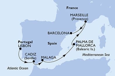 5 nights Extraordinary cruise on MSC Meraviglia 
from 🇵🇹 Lisbon to 🇪🇸 Barcelona 