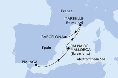 3 nights Extraordinary cruise on MSC Meraviglia 
from 🇪🇸 Malaga to 🇪🇸 Barcelona 