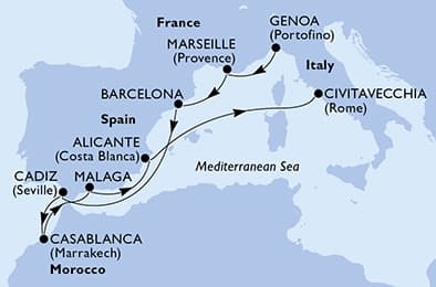 9 nights Mediterranean cruise on MSC Magnifica 
from 🇮🇹 Genova to 🇮🇹 Civitavecchia 