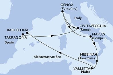 8 nights Mediterranean cruise on MSC Magnifica 
from 🇳🇿 Tauranga to 🇪🇸 Barcelona 
