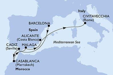 7 nights Mediterranean cruise on MSC Magnifica 
from 🇪🇸 Barcelona to 🇮🇹 Civitavecchia 
