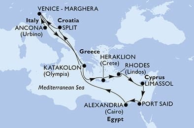 12 nights Mediterranean cruise on MSC Lirica 
from 🇮🇹 Ancona to 🇮🇹 Venice 