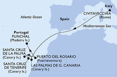 8 nights Mediterranean cruise on MSC Fantasia 
from 🇮🇹 Civitavecchia to 🇵🇹 Funchal 