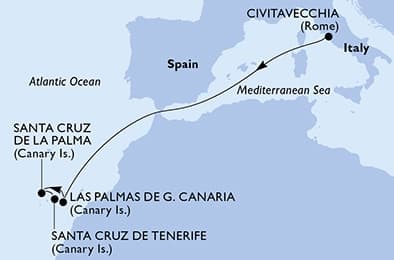 6 nights Mediterranean cruise on MSC Fantasia 
from 🇮🇹 Civitavecchia to 🇪🇸 Santa Cruz de Tenerife 