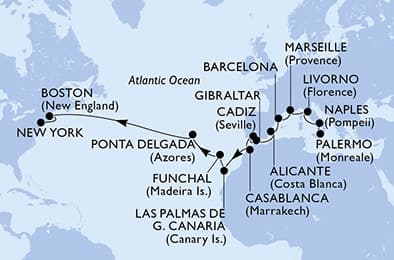 23 nights Transatlantic cruise on MSC Meraviglia 
from 🇮🇹 Palermo to 🇺🇸 New York 