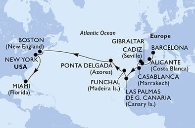 22 nights Transatlantic cruise on MSC Meraviglia 
from 🇪🇸 Barcelona to 🇺🇸 Miami 