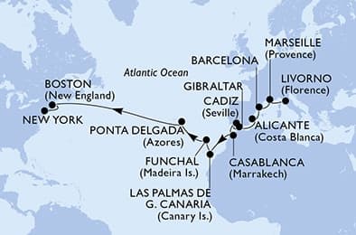 21 nights Transatlantic cruise on MSC Meraviglia 
from 🇮🇹 Livorno to 🇺🇸 New York 