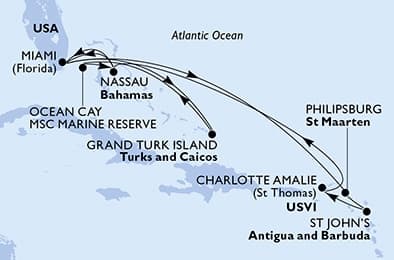 14 nights Caribbean cruise on MSC Meraviglia 
from 🇺🇸 Miami 