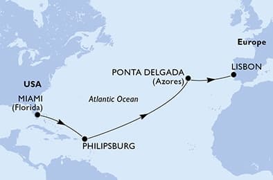 12 nights Transatlantic cruise on MSC Meraviglia 
from 🇺🇸 Miami to 🇵🇹 Lisbon 