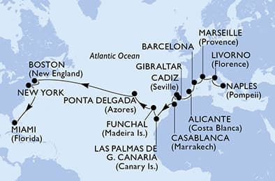 25 nights Transatlantic cruise on MSC Meraviglia 
from 🇮🇹 Naples to 🇺🇸 Miami 