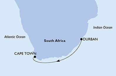 3 nights South African cruise on MSC Armonia 
from 🇿🇦 Durban to 🇿🇦 Cape Town 