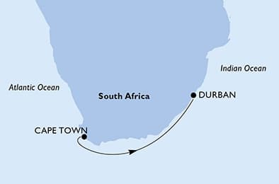 3 nights South African cruise on MSC Armonia 
from 🇿🇦 Cape Town to 🇿🇦 Durban 