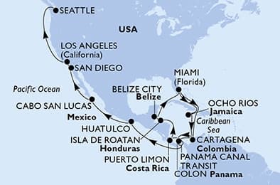 29 nights Transatlantic cruise on MSC Poesia 
from 🇺🇸 Miami to 🇺🇸 Seattle 