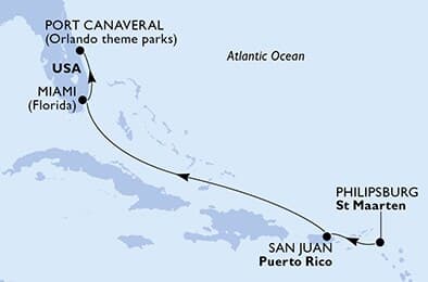 5 nights cruise on MSC Grandiosa 
from 🇦🇳 Philipsburg to 🇺🇸 Port Canaveral 