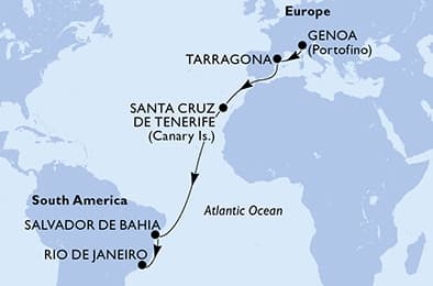 15 nights Transatlantic cruise on MSC Divina 
from 🇮🇹 Genoa to 🇧🇷 Rio de Janeiro 