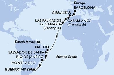 18 nights Transatlantic cruise on MSC Splendida 
from 🇪🇸 Barcelona to 🇦🇷 Buenos Aires 