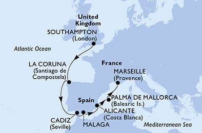 8 nights North European cruise on MSC Virtuosa 
from 🇬🇧 Southampton to 🇫🇷 Marseille 