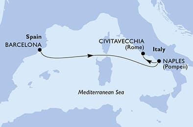 3 nights Extraordinary cruise on MSC Divina 
from 🇪🇸 Barcelona to 🇮🇹 Civitavecchia 