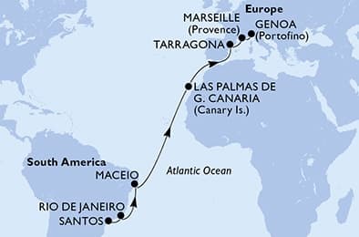 16 nights Transatlantic cruise on MSC Musica 
from 🇧🇷 Santos (Sao Paulo) to 🇮🇹 Genova 