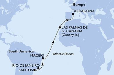 14 nights Transatlantic cruise on MSC Musica 
from 🇧🇷 Santos (Sao Paulo) to 🇪🇸 Tarragona 
