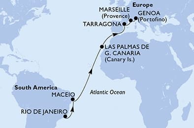 15 nights Transatlantic cruise on MSC Musica
from 🇧🇷 Rio de Janeiro to 🇮🇹 Genova