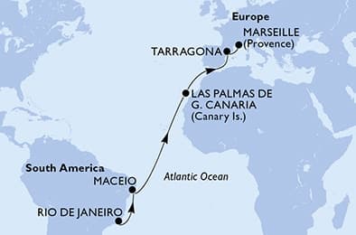 14 nights Transatlantic cruise on MSC Musica 
from 🇧🇷 Rio de Janeiro to 🇫🇷 Marseille 