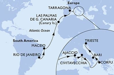 19 nights Transatlantic cruise on MSC Splendida 
from 🇧🇷 Rio de Janeiro to 🇮🇹 Trieste 