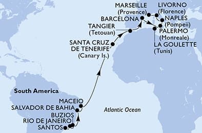 23 nights Transatlantic cruise on MSC Virtuosa 
from 🇧🇷 Santos (Sao Paulo) to 🇫🇷 Marseille 