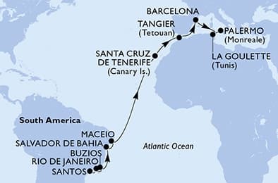 20 nights Transatlantic cruise on MSC Virtuosa 
from 🇧🇷 Santos (Sao Paulo) to 🇮🇹 Palermo 