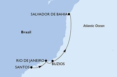 4 nights Extraordinary cruise on MSC Virtuosa 
from 🇧🇷 Santos (Sao Paulo) to 🇧🇷 Salvador 