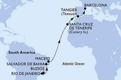 16 nights Transatlantic cruise on MSC Virtuosa 
from 🇧🇷 Rio de Janeiro to 🇪🇸 Barcelona 