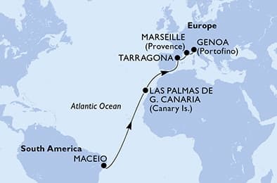 12 nights Transatlantic cruise on MSC Musica 
from 🇧🇷 Maceio to 🇮🇹 Genova 