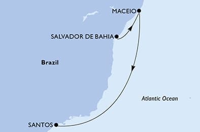 4 nights South American cruise on MSC Virtuosa 
from 🇧🇷 Salvador to 🇧🇷 Santos (Sao Paulo) 