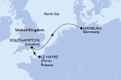 3 nights North European cruise on MSC Preziosa 
from 🇫🇷 Le Havre to 🇩🇪 Hamburg 