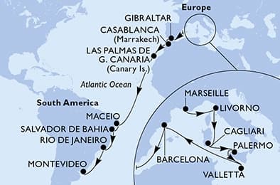 23 nights Transatlantic cruise on MSC Splendida 
from 🇫🇷 Marseille to 🇺🇾 Montevideo 